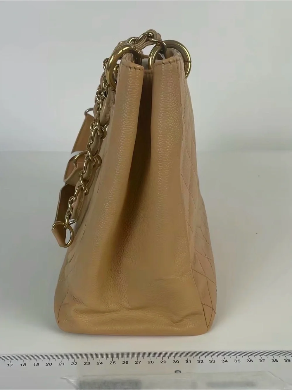 CHANEL Beige Caviar leather GST with Gold Chain Handles